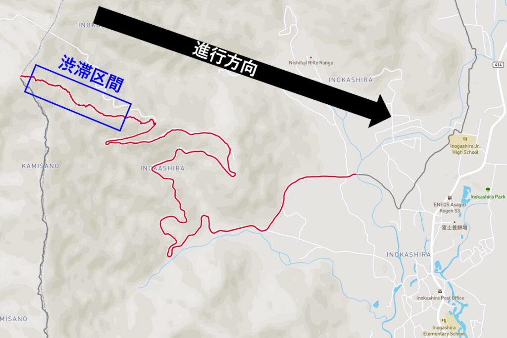 下り区間のルートマップの前半の渋滞区間を示すルートマップ。