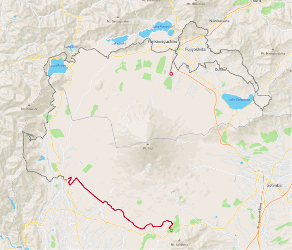 Polar Vantage V3の走行データ画面。富士山こどもの国からF1富士宮までの地図画像。